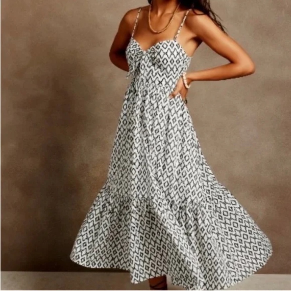 Banana Republic Ikat Boho Western Print Tie Bust Tiered Midi Dress Size XXS P